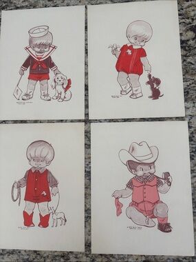 Vintage 1972 Style Red Kids Character Art Prints - Set of 4